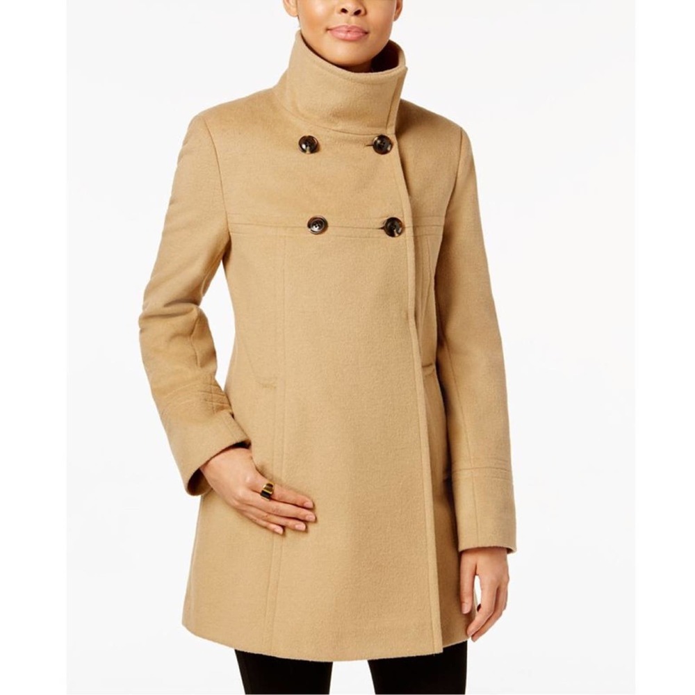 NWT Larry Levine Double-Breasted Babydoll Swing Coat Carmel small